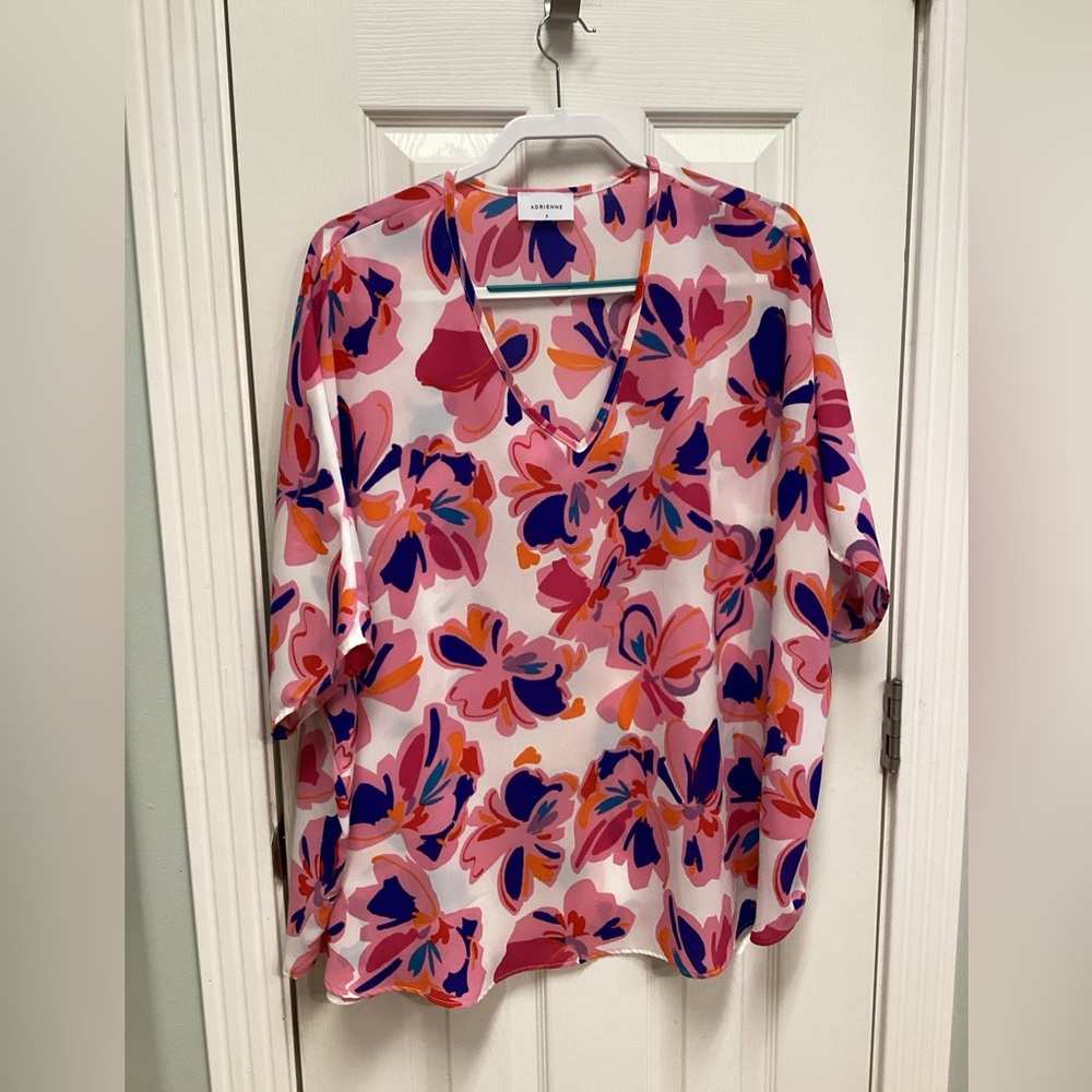 Adrienne women’s SZ S blouse Hawaiian tropical coastal oversized breezy …